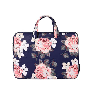 13 Inch Laptop Case Bag with White Rose Pattern and Handle - Blue