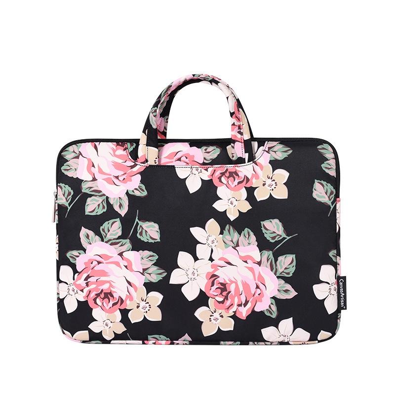 15 Inch Laptop Case Bag with White Rose Pattern and Handle - Blue