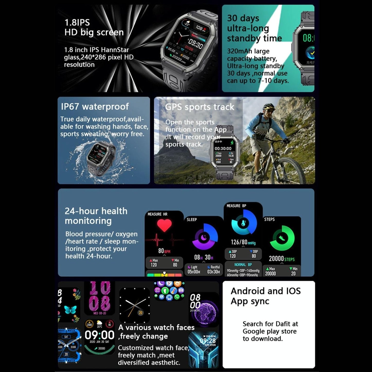 Waterproof Pedometer Sport Smart Watch Support Heart Rate / Blood Pressure Monitoring / Bt Calling - Camouflage Black