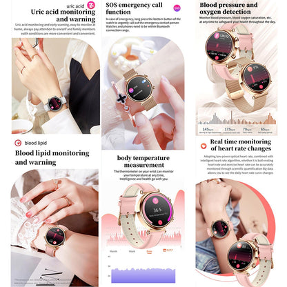 Women Smart Watch With Bt Call Health Tracking And Sos - Compact And Stylish - Silver White Leather