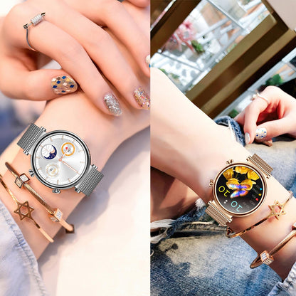 Women Smart Watch With Bt Call Health Tracking And Sos - Compact And Stylish - Silver White Leather