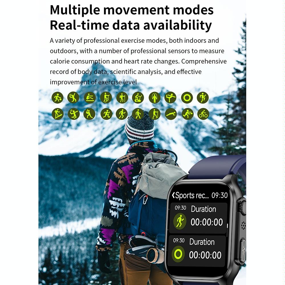 1.96 Inch Ip67 Waterproof Silicone Band Smart Watch Supports Ecg / Remote Families Care / Bluetooth Call / Body Temperature Monitoring - Black