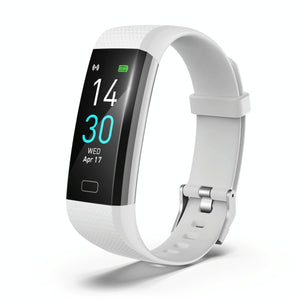 A white fitness tracker watch with a digital display showing time and date, attached to a silicone band.