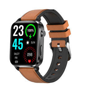 1.7 Inch Hd Square Screen Leather Strap Smart Watch Supports Body Temperature Monitoring / Blood Oxygen Monitoring - Brown