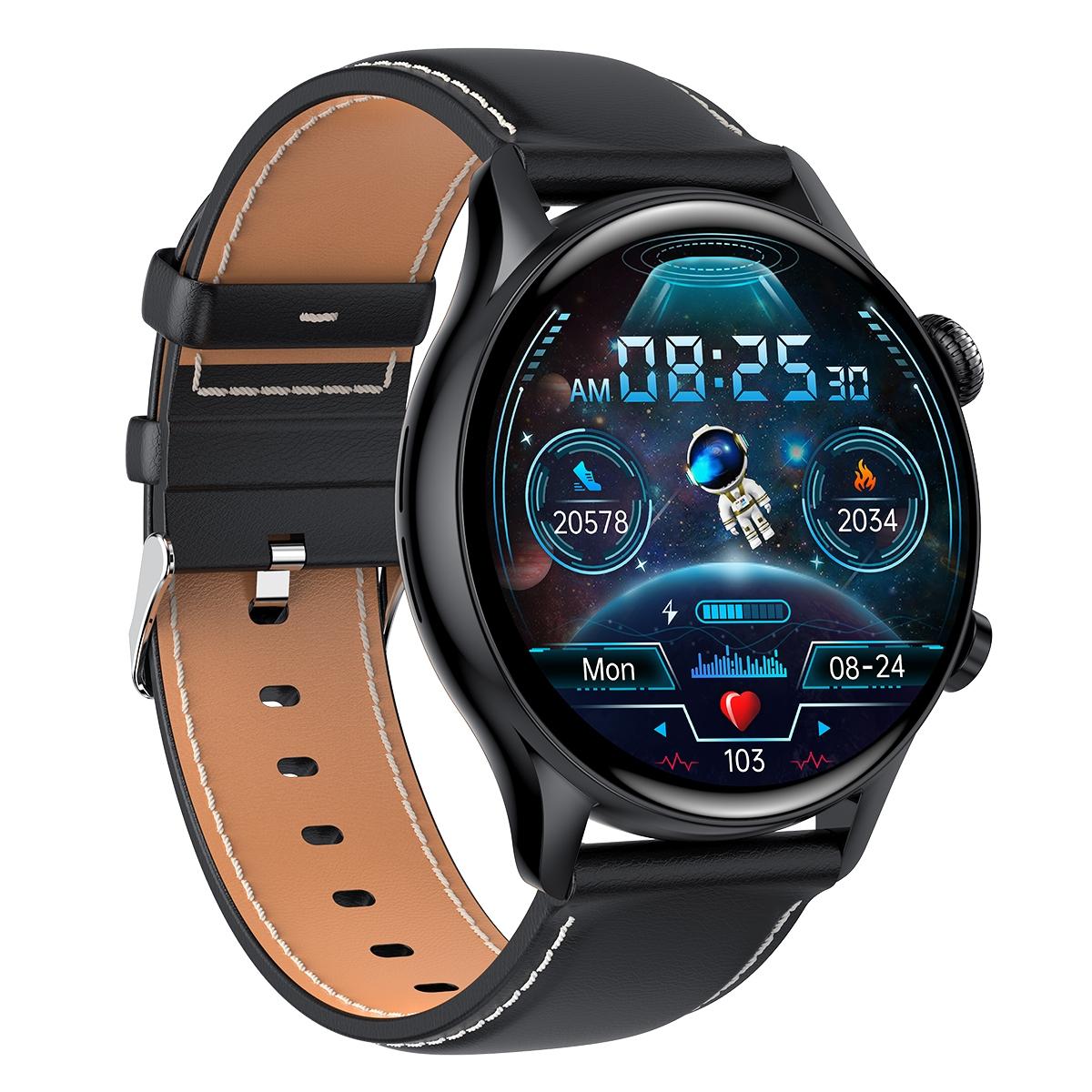 1.36 Inch Amoled Screen Leather Strap Smart Watch Support Nfc Function / Blood Oxygen Monitoring - Silver
