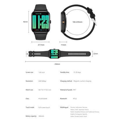 1.83 Inch Bt5.2 Smart Sport Watch Support Bluetooth Call / Sleep / Blood Sugar / Blood Oxygen / Heart Rate / Blood Pressure Health Monitor - Black