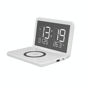 Foldable Desk Calendar Clock With Wireless Charger & Alarm - White