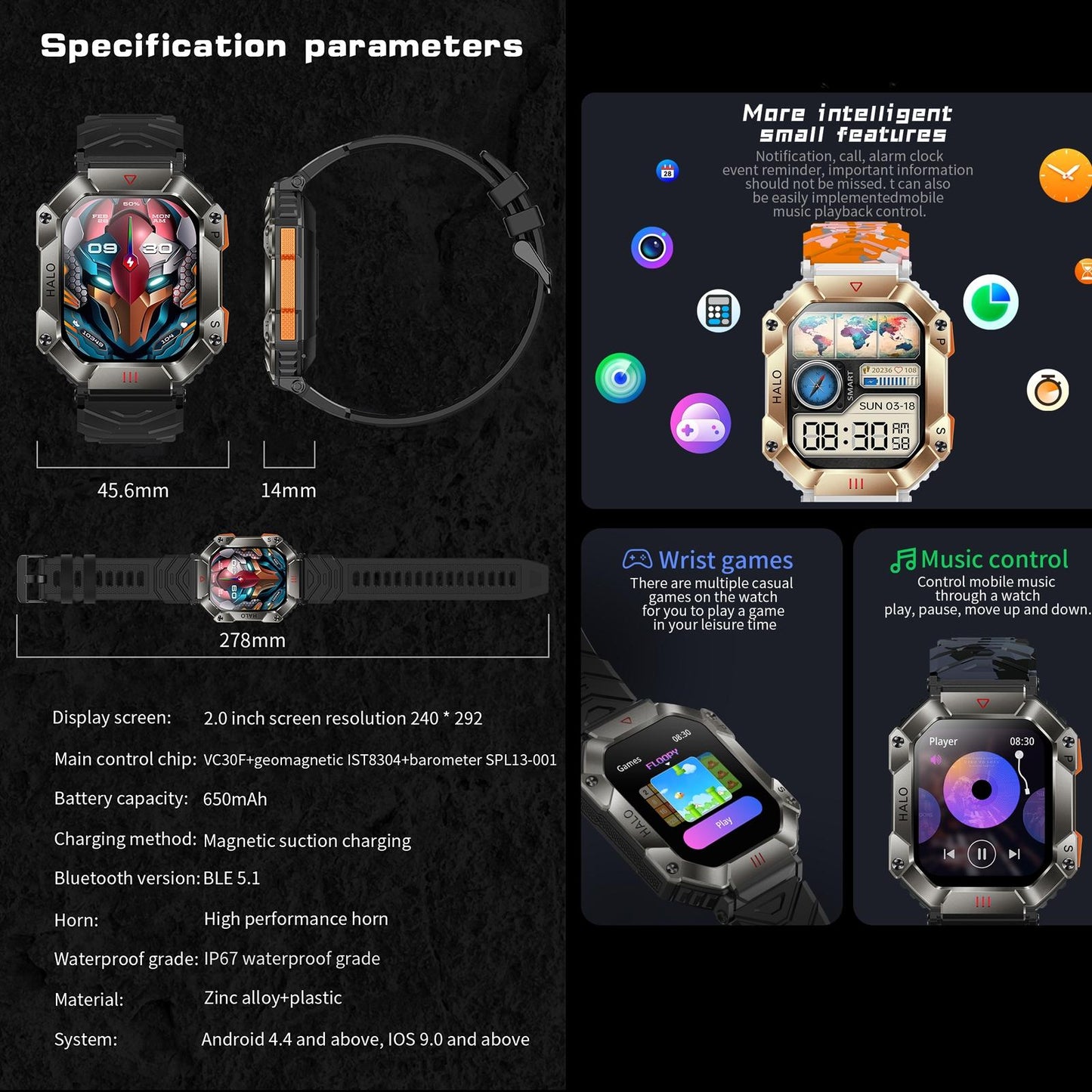 2.0 Inch Bt5.1 Ip67 Sport Smart Watch Support Bluetooth Call / Sleep / Blood Oxygen / Heart Rate / Blood Pressure Health Monitor - White + Camouflage