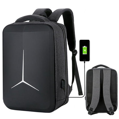 Black backpack with a charging cable and phone, featuring a logo on a white background.