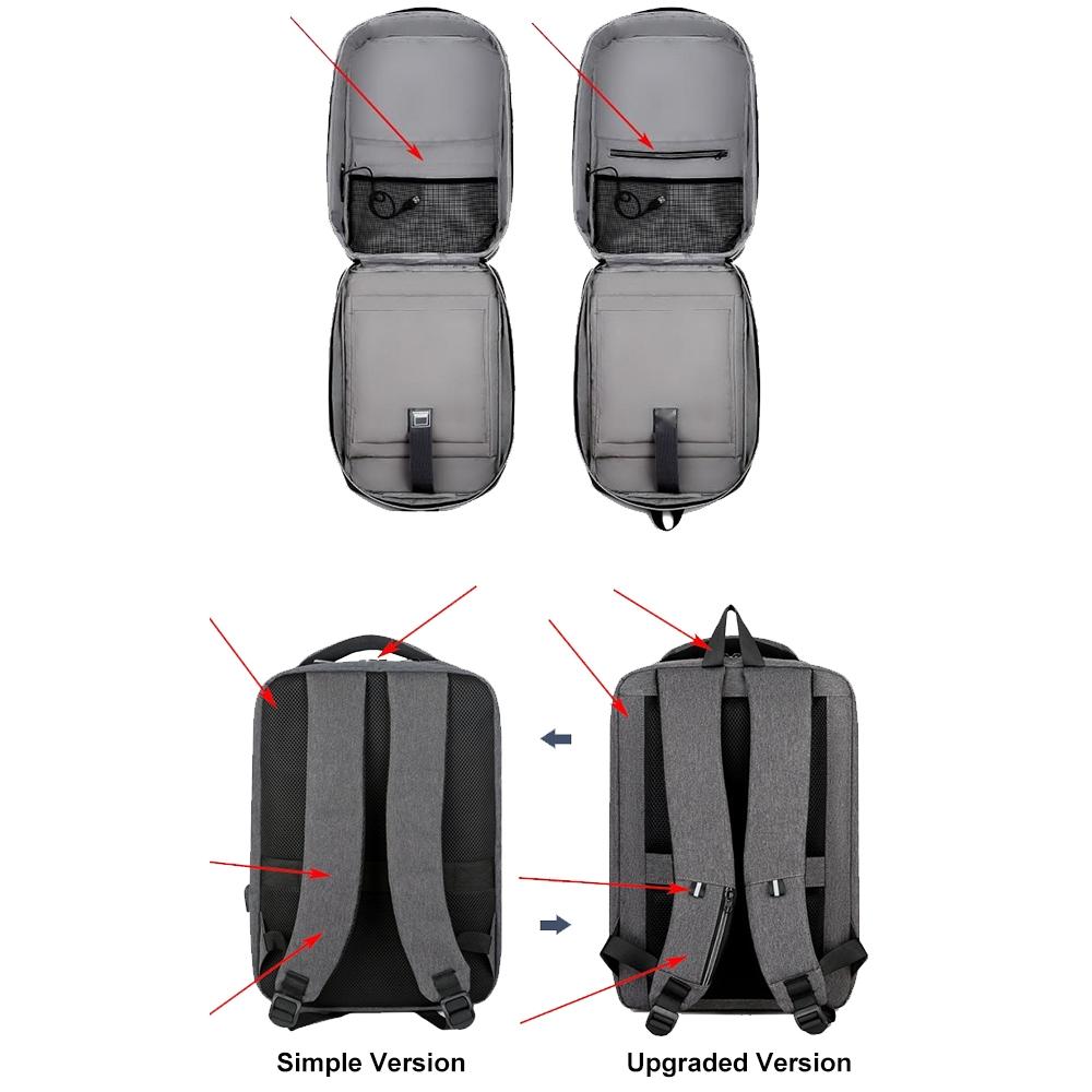 Comparison of a simple and upgraded version of a gray backpack with labeled differences.