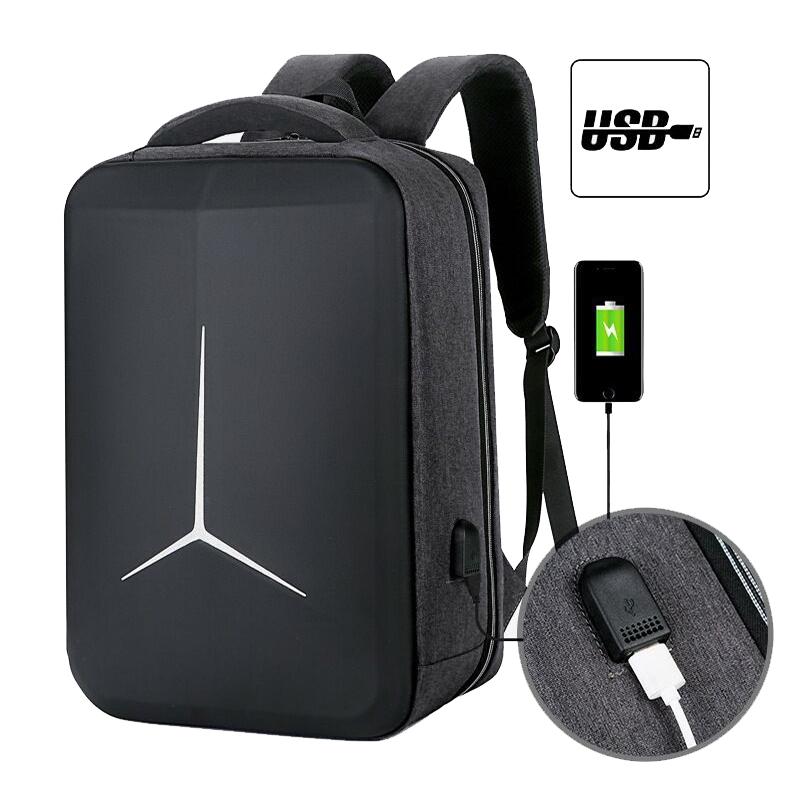 Black backpack with USB charging port on a white background