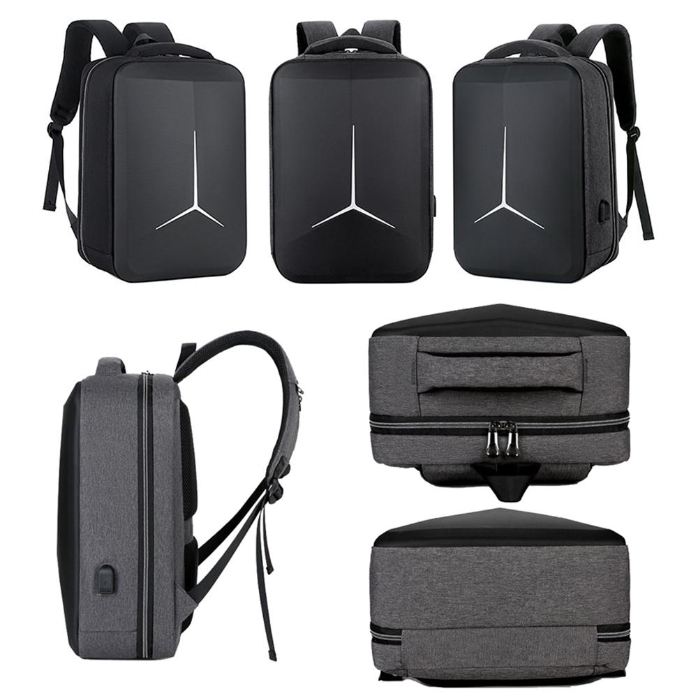 Collection of black and gray backpacks with a central brand logo on a white background.