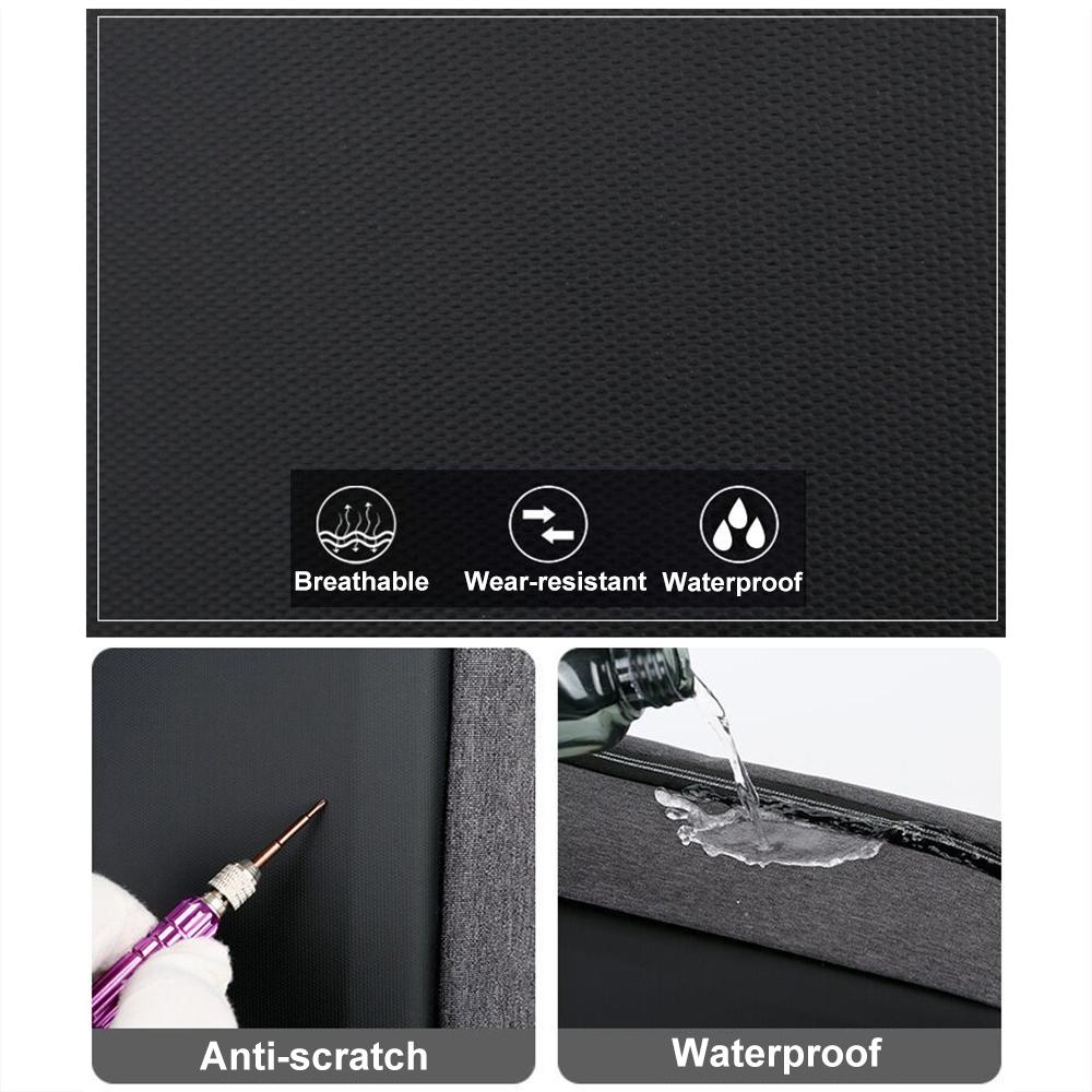 Black fabric sample with features labeled as breathable, wear-resistant, waterproof, anti-scratch, and water-resistant.