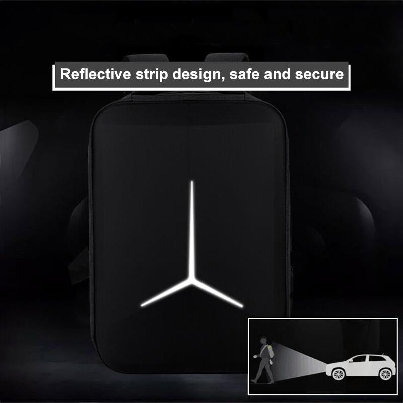 Black bag with reflective strip design on a dark background