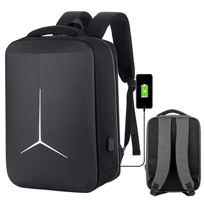 Black backpack with USB charging port and gray backpack on a white background
