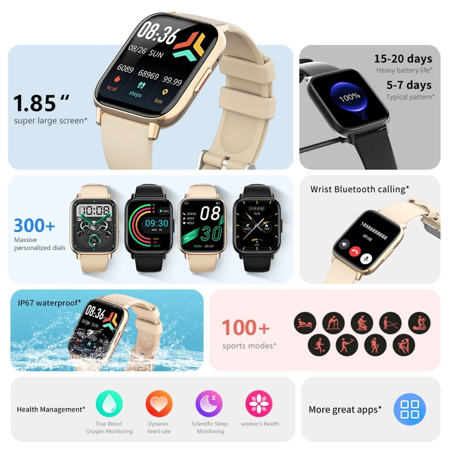 1.83 Inch Bt5.2 Smart Sport Watch Support Sleep / Heart Rate / Blood Oxygen / Temperature / Heart Sugar / Blood Pressure Health Monitor - Gold