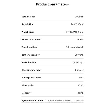 1.91 Inch Bt5.2 Smart Sport Watch Support Sleep / Heart Rate / Blood Oxygen / Temperature / Blood Pressure Health Monitor - Black