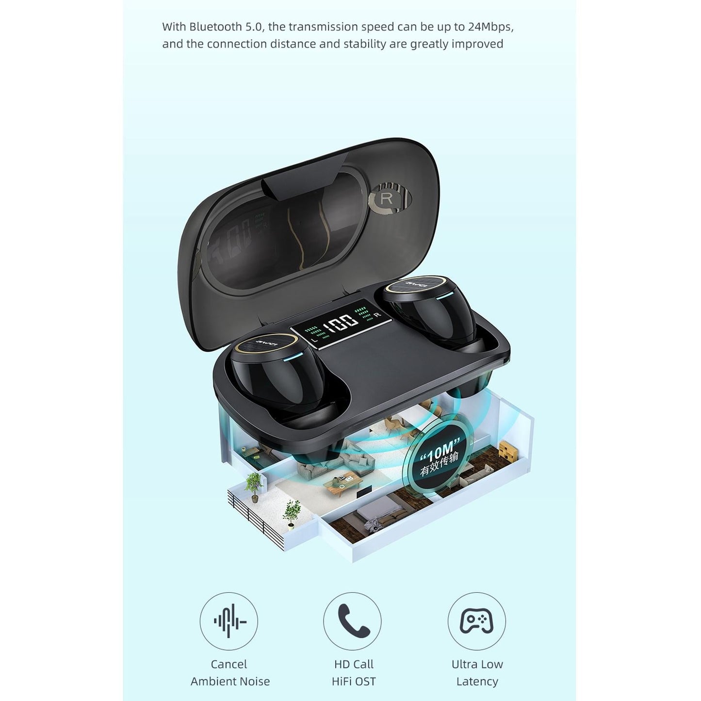 Wireless Active Noise Reduction Earphones - Black
