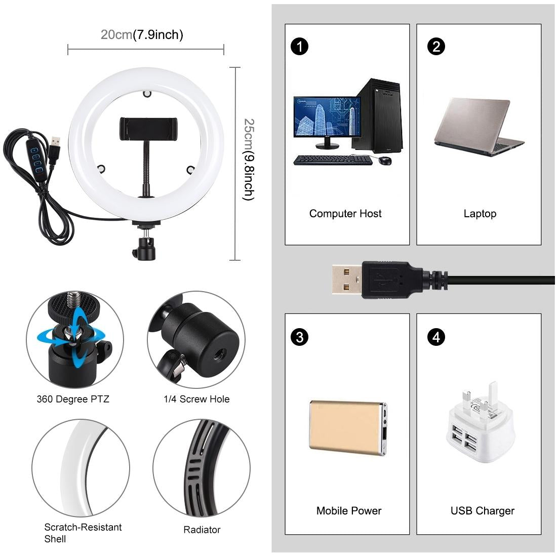 7.9 Usb 3 Modes Dimmable Dual Colour Led Ring Light with Mirror for Vlogging and Photography - Black