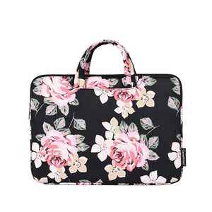 13 Inch Laptop Case Bag with White Rose Pattern and Handle - Black
