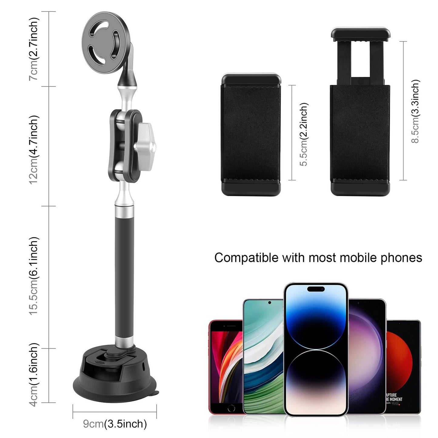 Magnetic Car Mount with Suction Cup Arm and Phone Clamp