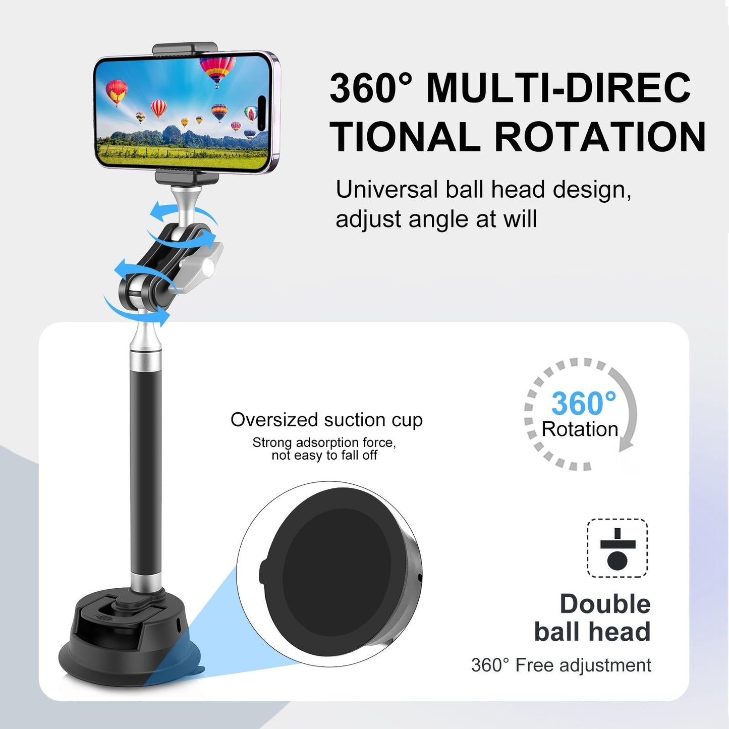 Magnetic Car Mount with Suction Cup Arm and Phone Clamp