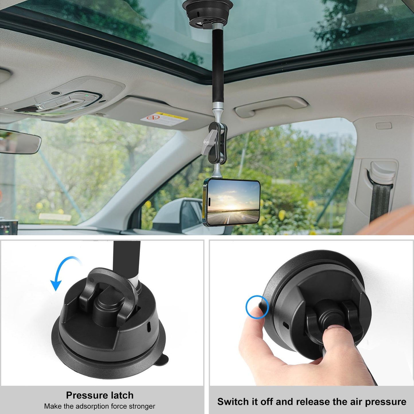 Magnetic Car Mount with Suction Cup Arm and Phone Clamp