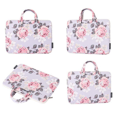 15 Inch Laptop Case Bag with White Rose Pattern and Handle - Black