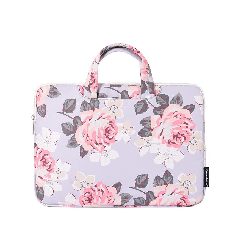 15 Inch Laptop Case Bag with White Rose Pattern and Handle - Black