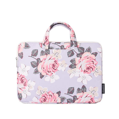 15 Inch Laptop Case Bag with White Rose Pattern and Handle - Black
