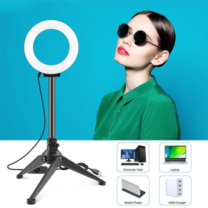 12cm Ring Light & Desktop Tripod Selfie Stick Mount with Usb Led Ring Selfie Beauty Vlogging Photography Video Lights Kit in Black