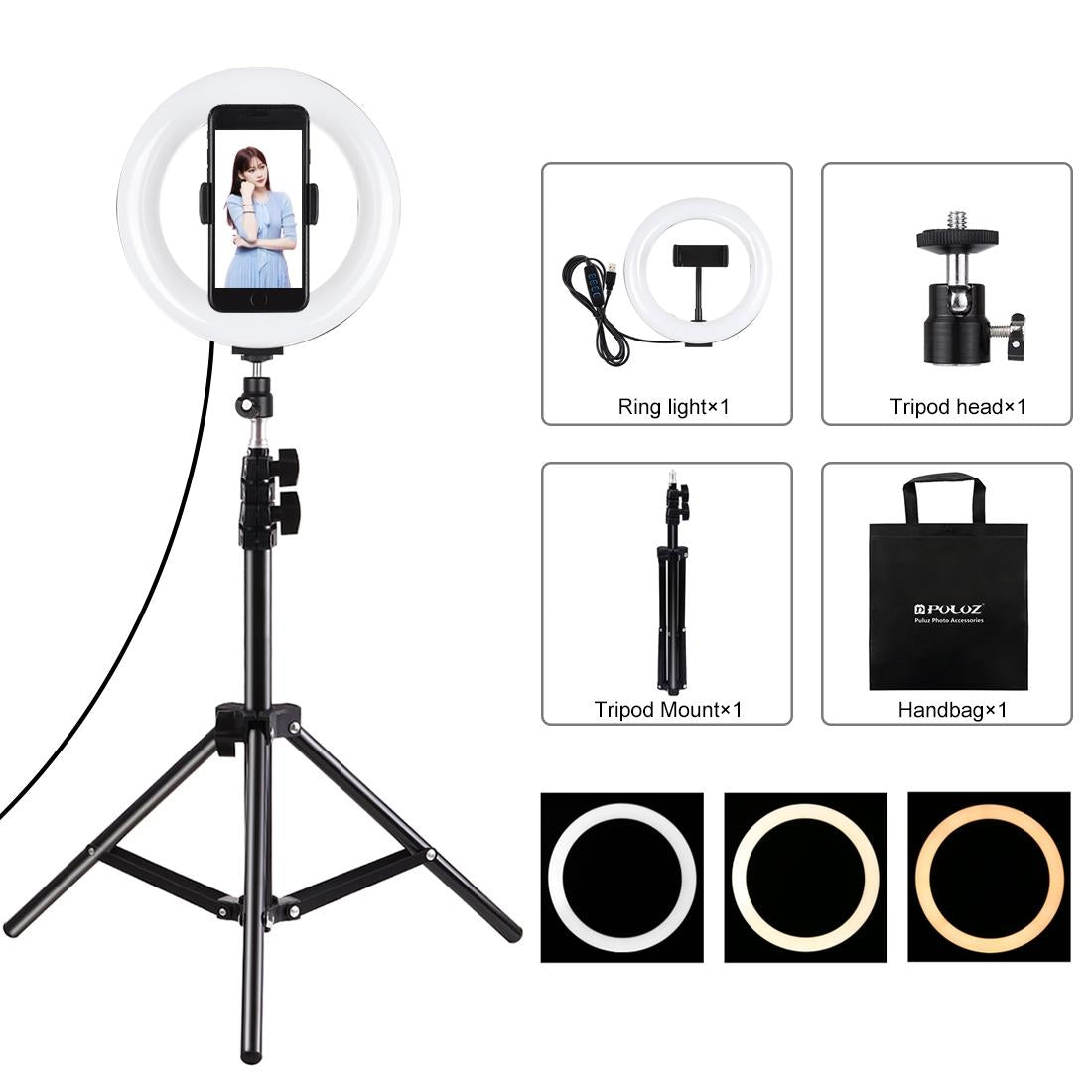 7.9 Led Ring Light with Tripod and Phone Clamp - 3 Modes Dual Colour Temperature Dimmable - Black