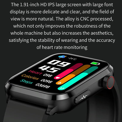1.91 Inch Ips Screen Ip67 Waterproof Silicone Band Smart Watch Support Body Temperature Monitoring / Ecg - Black