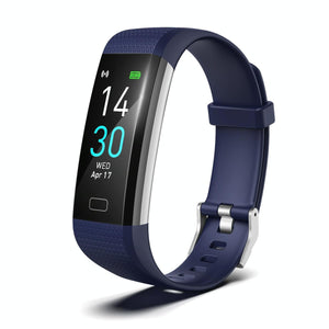A blue waterproof fitness tracker watch with a digital display showing time and date, attached to a blue band.