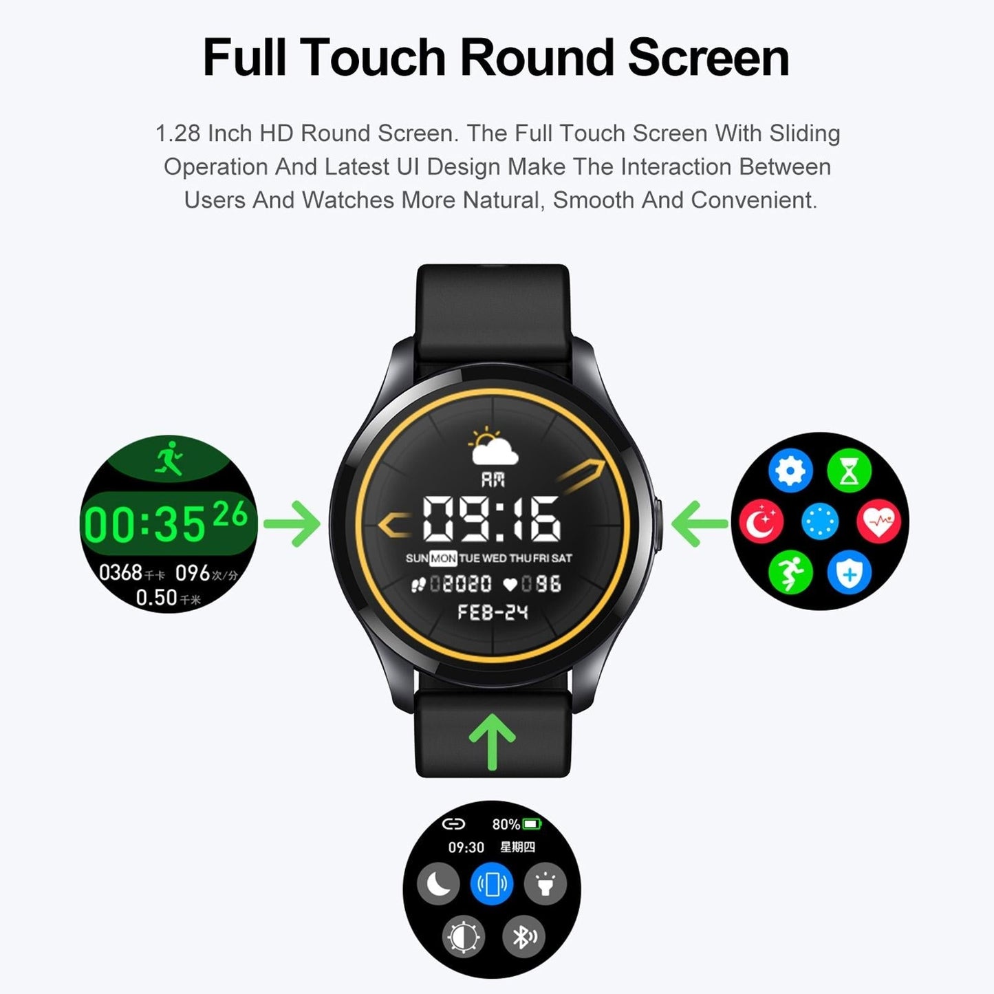 1.28 Inch Tft Colour Screen Ip67 Waterproof Smart Watch Support Body Temperature Monitoring / Sleep Monitoring / Heart Rate Monitoring - Black