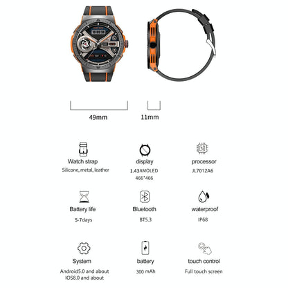 1.43 Inch Bt5.3 Ip68 Sport Smart Watch Support Bluetooth Call / Message Notification / Heart Rate / Blood Pressure Health Monitor - Blue