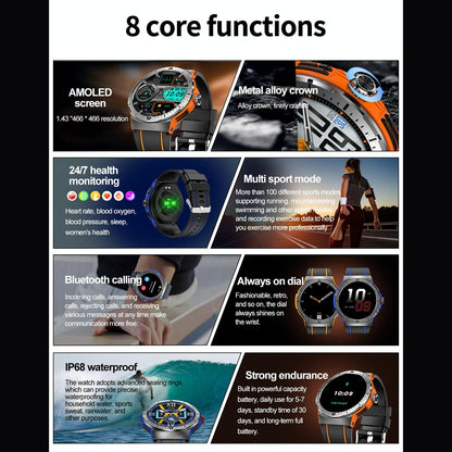 1.43 Inch Bt5.3 Ip68 Sport Smart Watch Support Bluetooth Call / Message Notification / Heart Rate / Blood Pressure Health Monitor - Blue