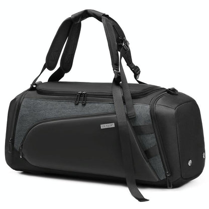 A large grey gym bag with separate compartments for wet and dry items, featuring multiple zippers and a thick handle.