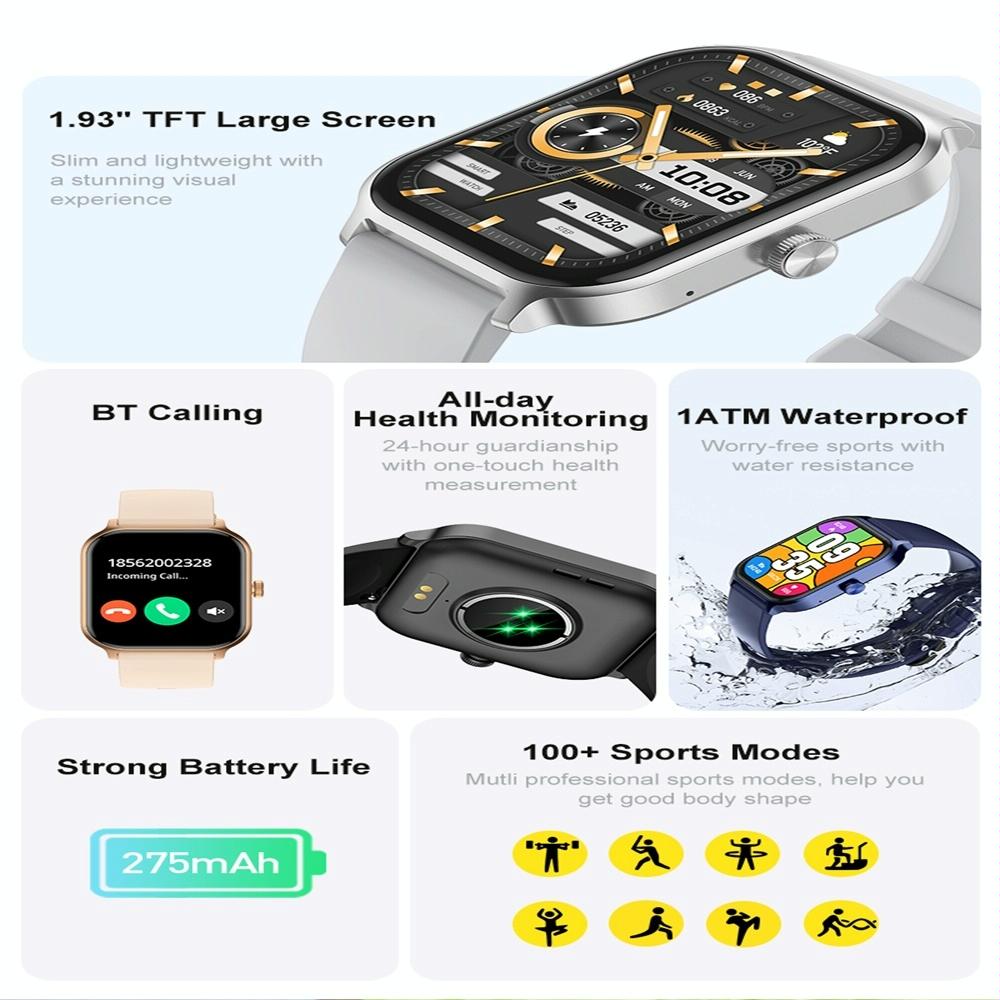 1.93 Inch Colour Screen Smart Watch Support Bluetooth Call / Health Monitoring - Gold