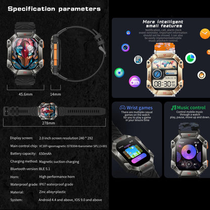 2.0 Inch Bt5.1 Ip67 Sport Smart Watch Support Bluetooth Call / Sleep / Blood Oxygen / Heart Rate / Blood Pressure Health Monitor - Black