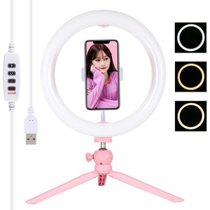 10.2 Led Ring Light with Tripod and Phone Clamp - 3 Modes Dual Colour Temperature Dimmable - Pink