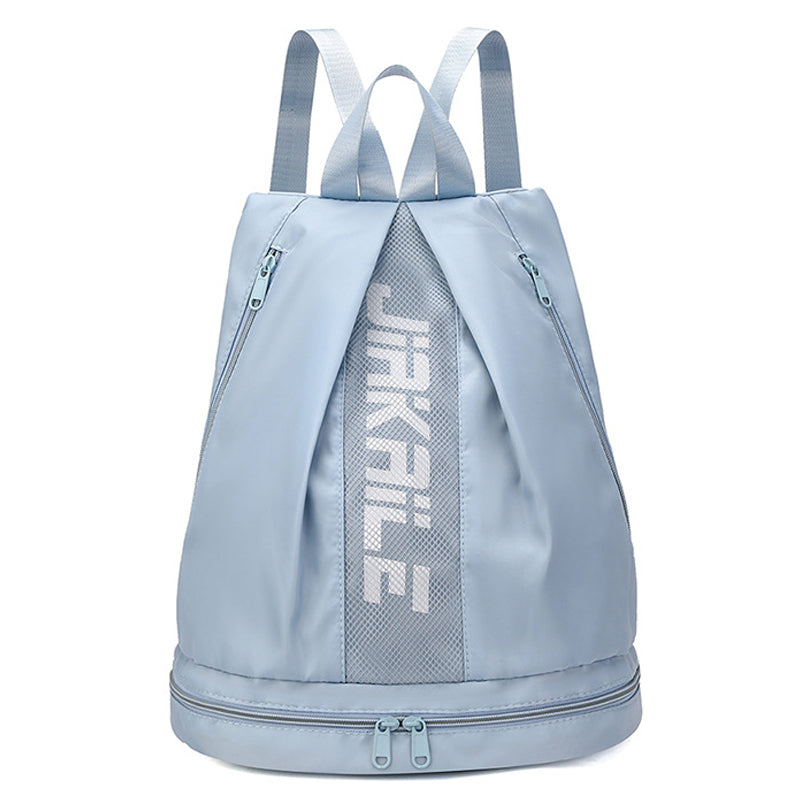 Blue sports backpack with adjustable shoulder straps, a main compartment, and side zipper pockets, constructed from oxford cloth material.