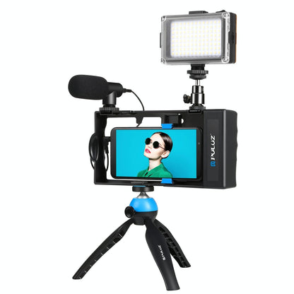 Smart Phone Video Rig for Vlogging Bluetooth Led Light Mic Tripod - Blue