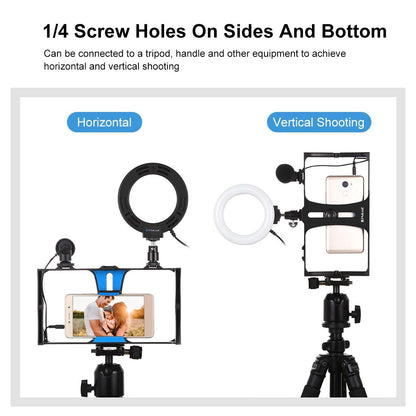 3-In-1 Vlogging Kit With Smartphone Rig Microphone And Led Ring Light - Blue