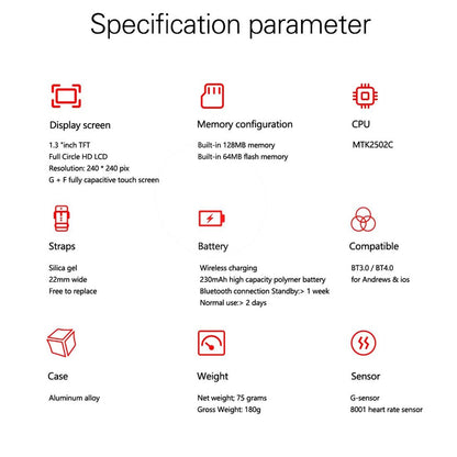 1.3 Inch Tft Screen Mtk2502C Bluetooth4.0 Silicone Watch Band Support Heart Rate Monitor & Pedometer & Sleep Monitor & Sedentary Reminder - Red