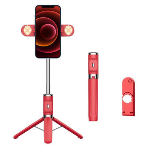 Bluetooth Remote Selfie Stick with Dual Fill Light and Tripod - Red