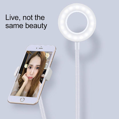Universal Cell Phone Holder with Selfie Ring Light Microphone Clip & 3-colour Light Adjustment for Studio Recording Live Broadcast Ktv White