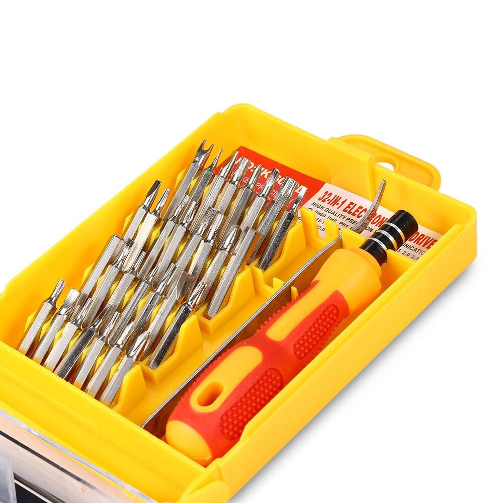 Screwdriver set with various bits in a yellow case on a white background