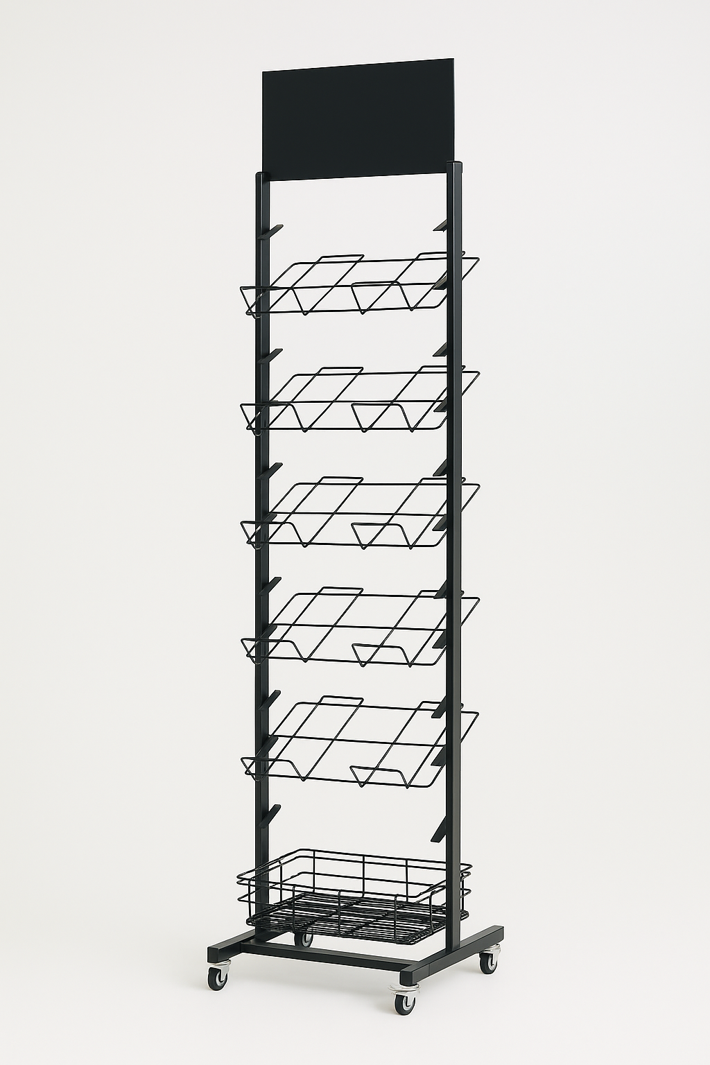 12 Tier Placemat Brochure Magazine Newspaper Display Rack Storage Stand on Wheels - Black Frame