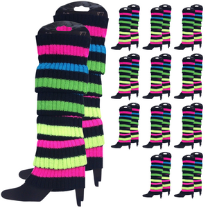 12x LEG WARMERS Knitted Womens Costume Neon Dance Party Knit 80s BULK - Rainbow with Black Stripe